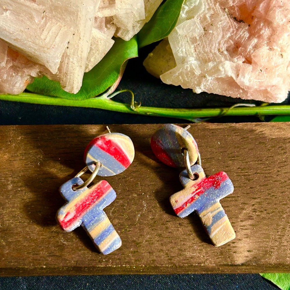 Colorful Marbled Cross Stud Earrings